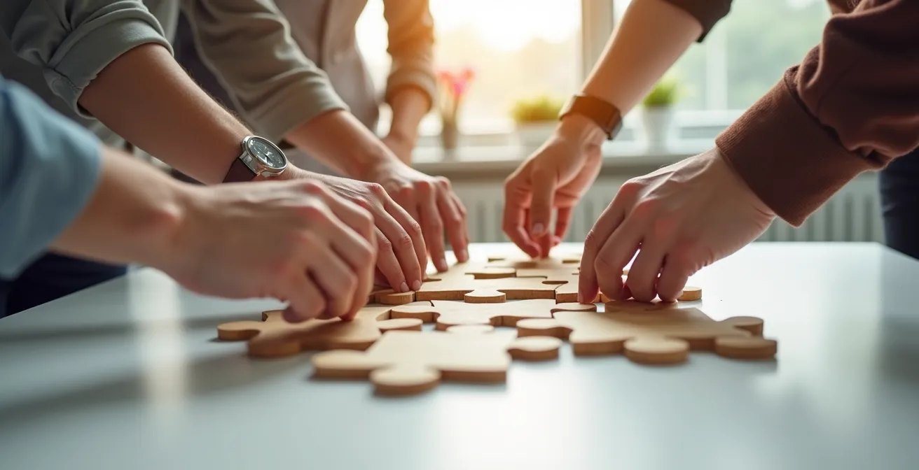 Hands from different people joining puzzle pieces together on a clean table