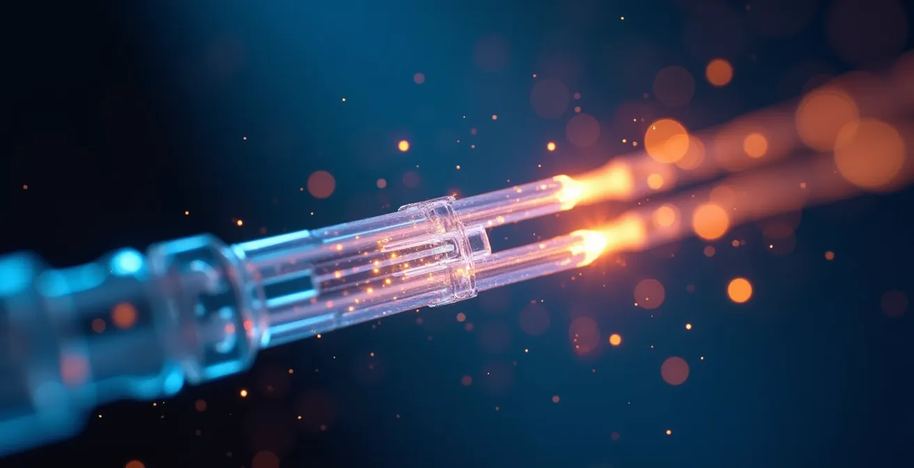 Macro shot of fiber optic cables with light pulses racing through transparent strands