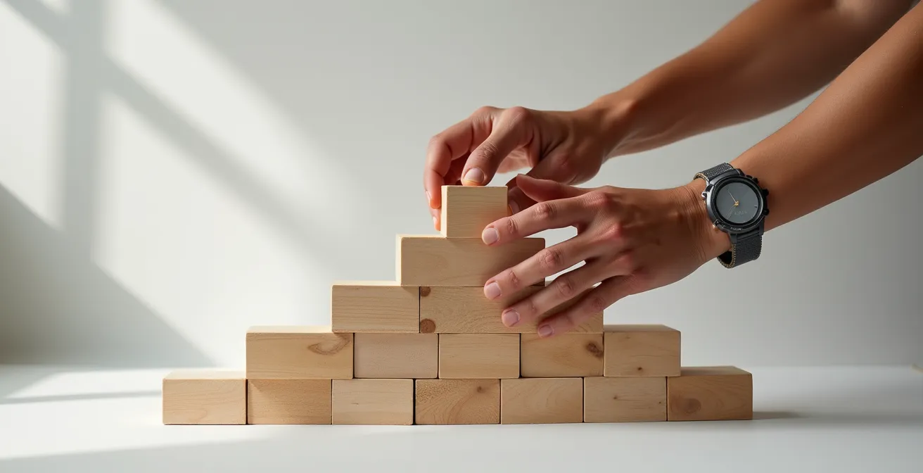Multiple diverse hands collaboratively stacking wooden foundation blocks in precise alignment