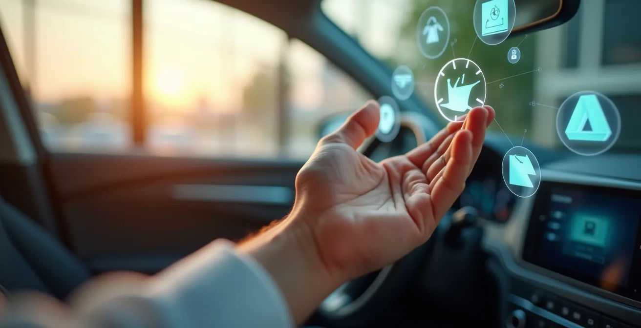 Close-up of human hand reaching toward floating holographic vehicle dashboard elements