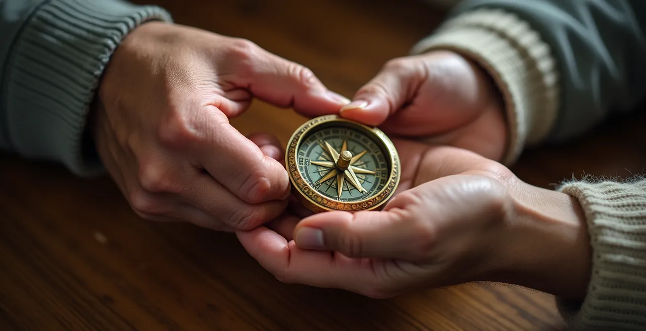 Close-up of weathered hands passing a vintage brass compass to younger hands