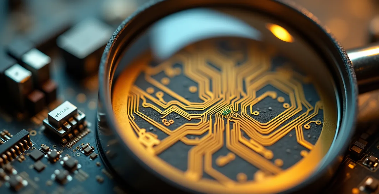 Close-up of magnifying glass examining golden circuit board with intricate patterns
