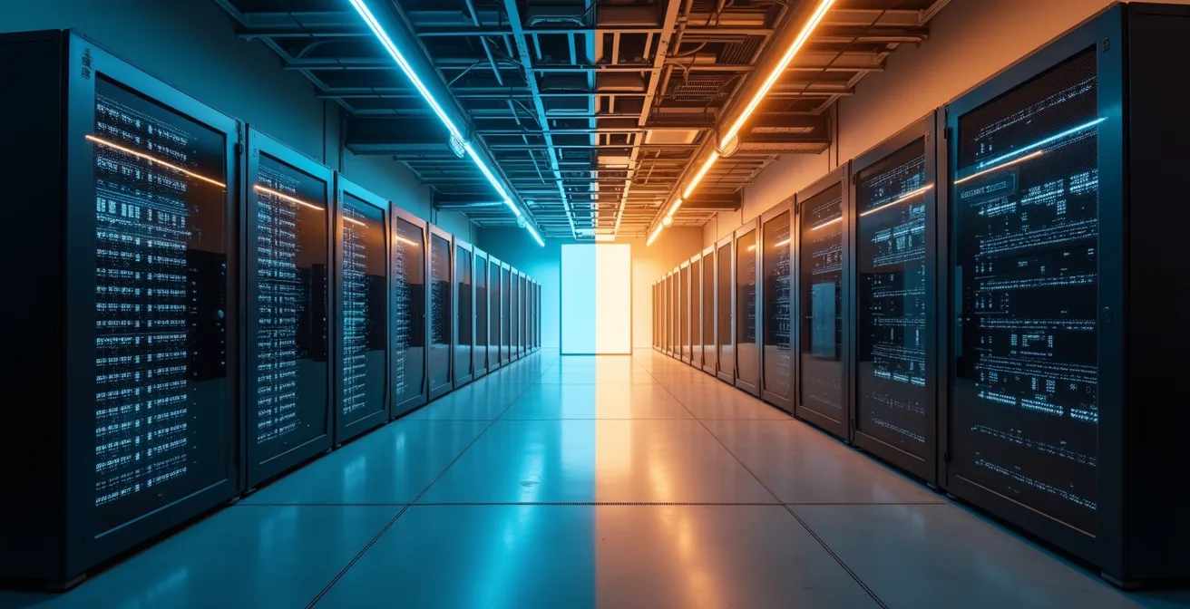 Split-screen showing old and new server rooms with light beams connecting them